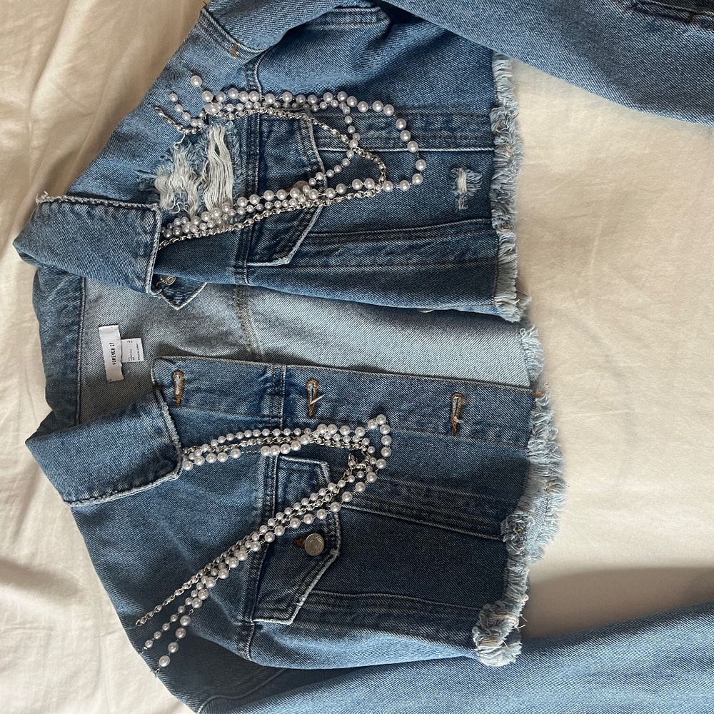 pearl and chain cropped denim jacket